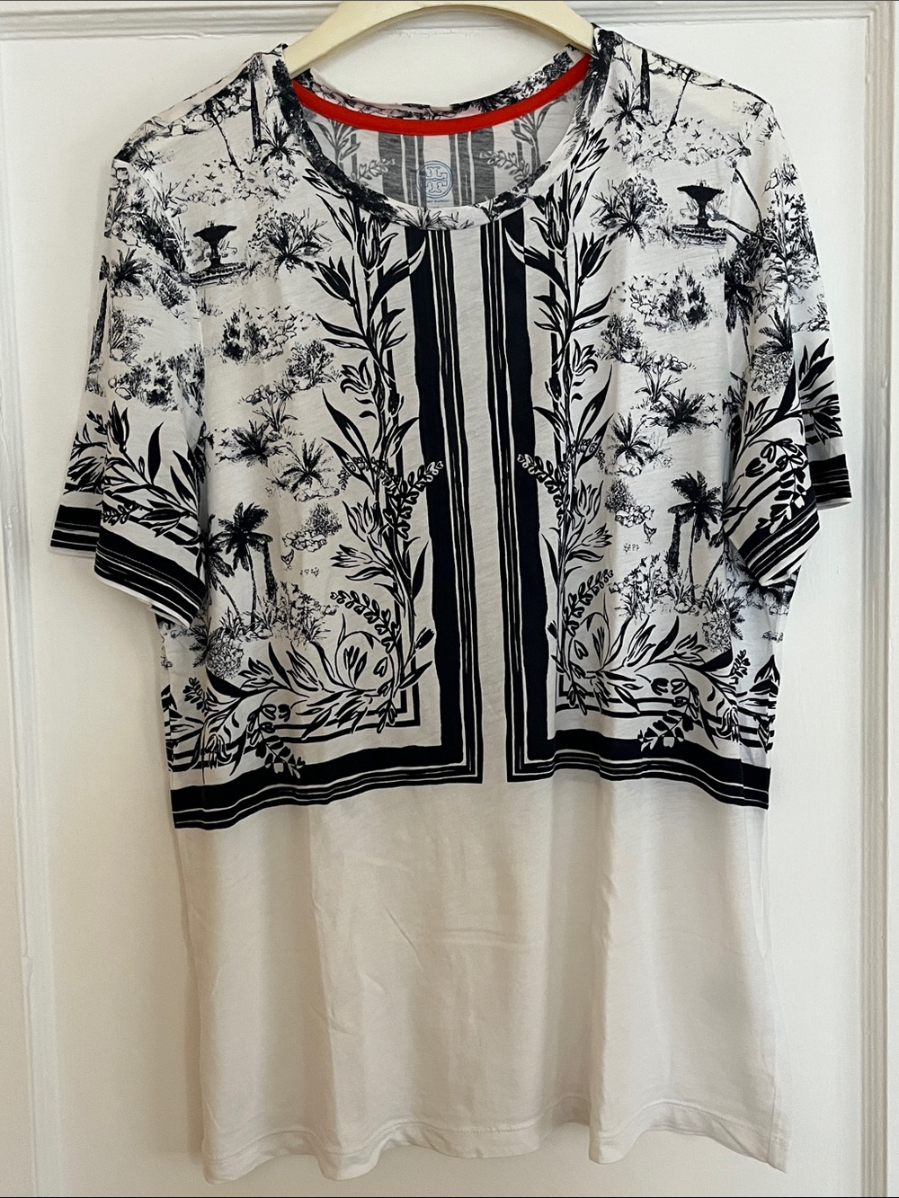 Tory Burch Black & White Botanical Print Short Sleeve Top
